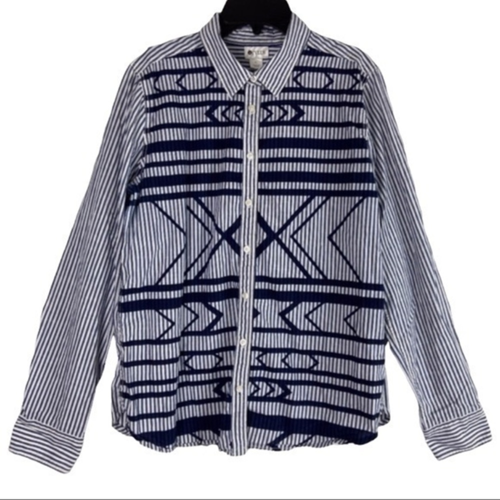 STYLUS Mens Top Blue and White Striped Button Down Shirt Dark Blue Graphic